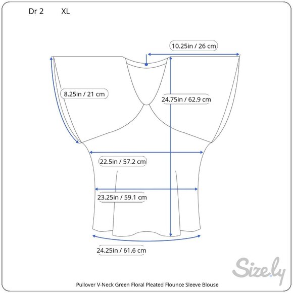 Dr2 Pullover V-Neck Green Floral Pleated Flounce Sleeve Blouse XL NWT - Picture 10 of 10